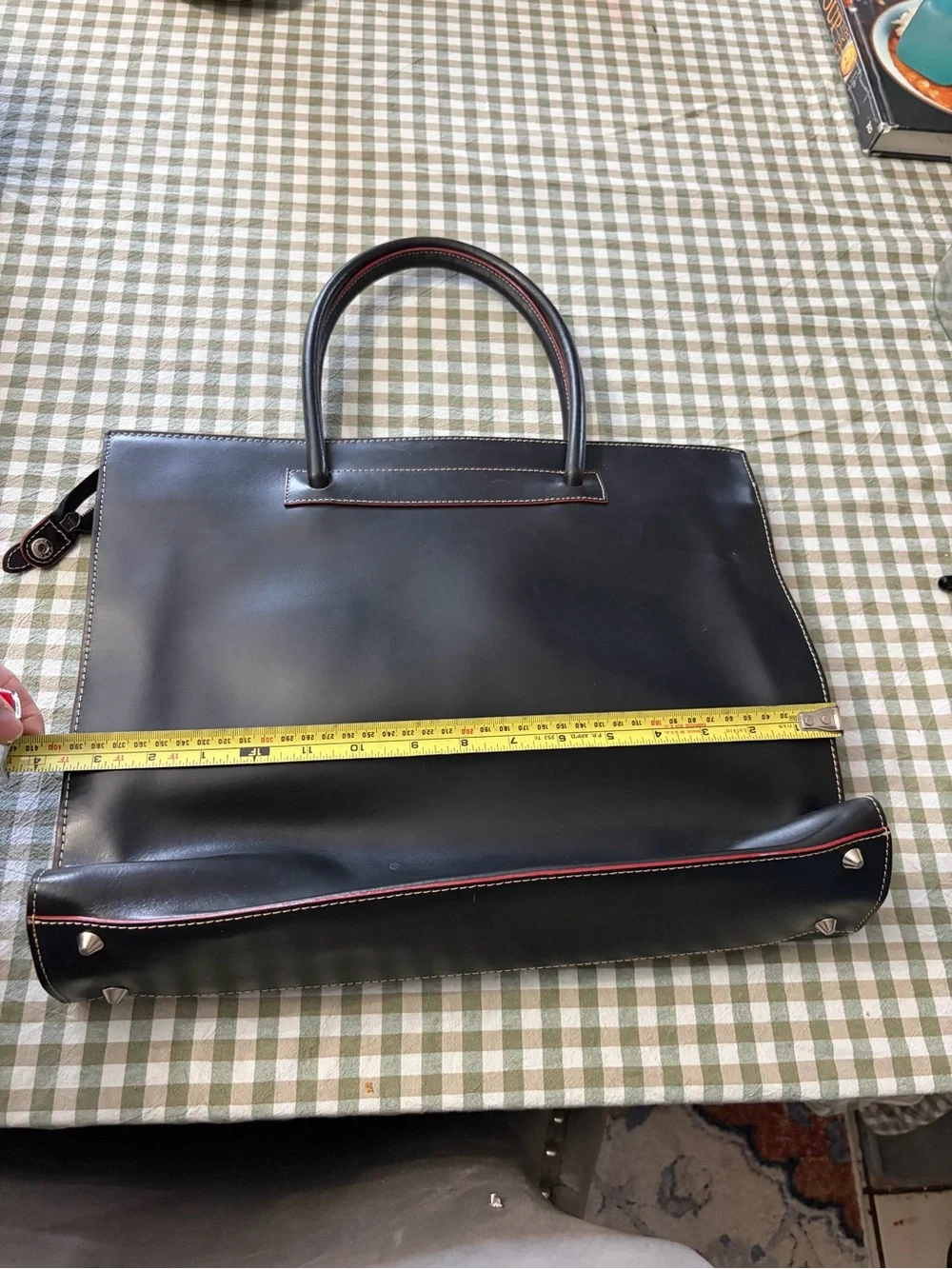 Lodis Black Leather Laptop Tote with Red Piping